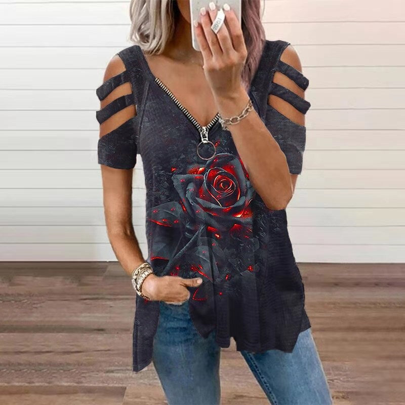 Polyester Regular Pullover V-Neck Floral Women Ruched Short Sleeve Side Split T-Shirt Wrinkle Resistant Summer Street Style