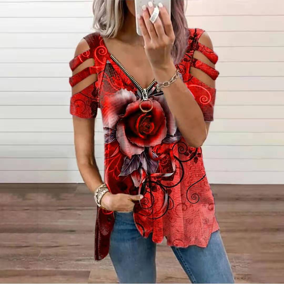 Polyester Regular Pullover V-Neck Floral Women Ruched Short Sleeve Side Split T-Shirt Wrinkle Resistant Summer Street Style