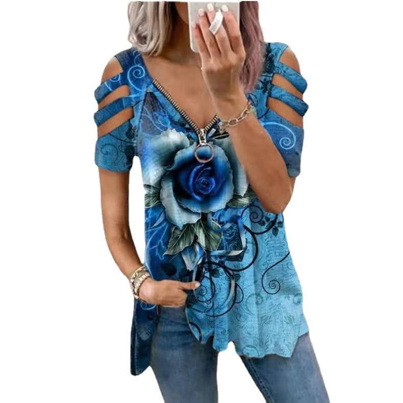 Polyester Regular Pullover V-Neck Floral Women Ruched Short Sleeve Side Split T-Shirt Wrinkle Resistant Summer Street Style