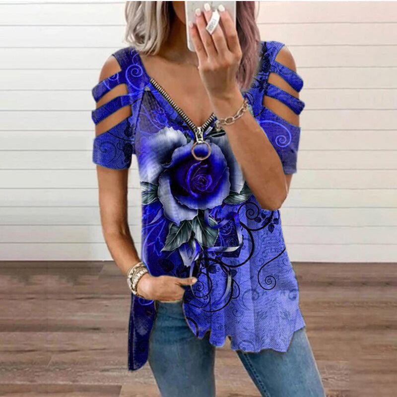 Polyester Regular Pullover V-Neck Floral Women Ruched Short Sleeve Side Split T-Shirt Wrinkle Resistant Summer Street Style