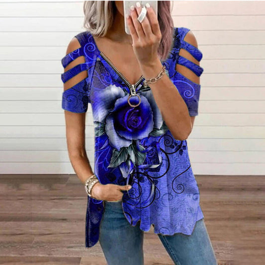 Polyester Regular Pullover V-Neck Floral Women Ruched Short Sleeve Side Split T-Shirt Wrinkle Resistant Summer Street Style