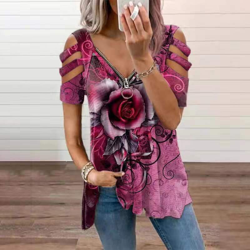 Polyester Regular Pullover V-Neck Floral Women Ruched Short Sleeve Side Split T-Shirt Wrinkle Resistant Summer Street Style