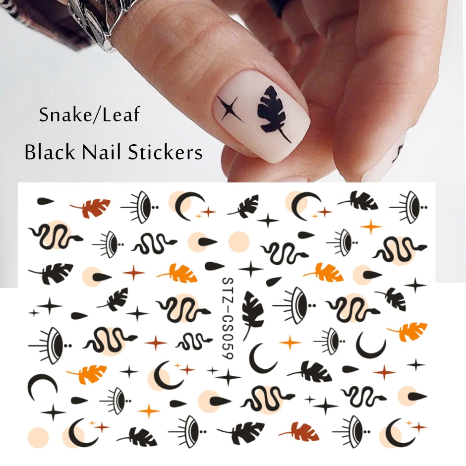 3D Black Snake Leaf Stickers for Nails Geometry Animal Simple Design Manicure Inspired Nail Decals Sliders DIY Decor GLSTZ-CS059