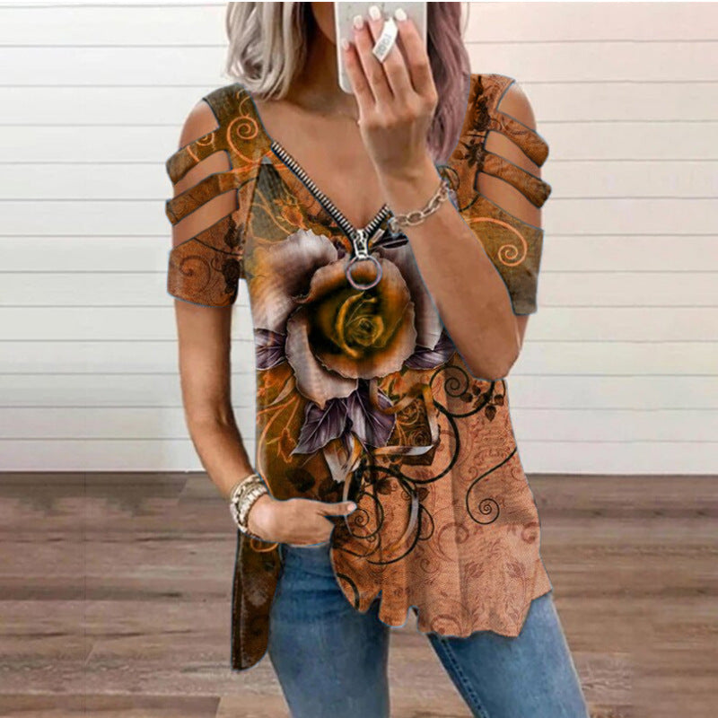 Polyester Regular Pullover V-Neck Floral Women Ruched Short Sleeve Side Split T-Shirt Wrinkle Resistant Summer Street Style