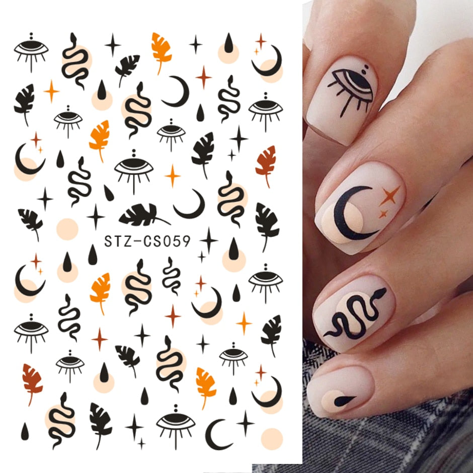 3D Black Snake Leaf Stickers for Nails Geometry Animal Simple Design Manicure Inspired Nail Decals Sliders DIY Decor GLSTZ-CS059